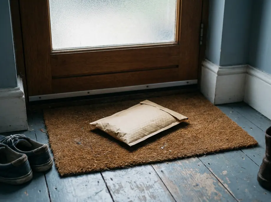 A plain unbranded envelope on a doormat
