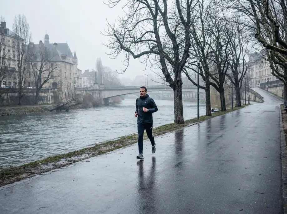 A man running on a wet city path beside a river